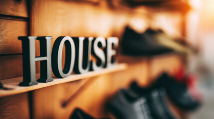 identification. Elegant house nameplate on a wooden door beside a neatly arranged shoe rack. lifestyle magazines, social media lookbooks, designed for lifestyle magazines and social media content.