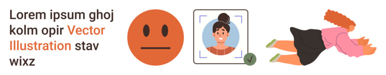 Identity verification, facial recognition, emotional states, security, technology, accident prevention. Focused on a face scan, an emotion symbol and a falling person. Identity and facial