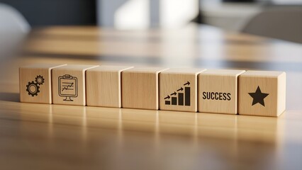 Wooden blocks with business growth icons and symbols arranged in a line on a table representing success and strategy
