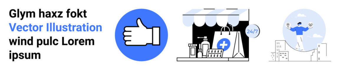 Social media, e-commerce, healthcare services, lifestyle motivation, digital communication, brand identity. Thumbs-up symbol, healthcare shopfront person on a slackline. Social media and e-commerce