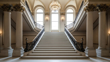 Ornate marble grand staircase, golden columns, crystal chandelier, and large arched windows in a luxurious historic interior hall.