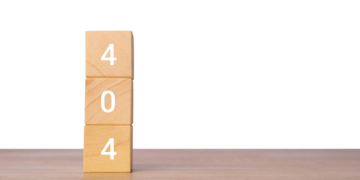 Wooden blocks with 404 numbers for page not found error, isolated on transparent background