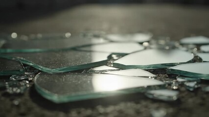Close-up of a broken mirror on the ground. Light reflects off the sharp, shattered glass shards representing destruction and despair - Powered by Adobe