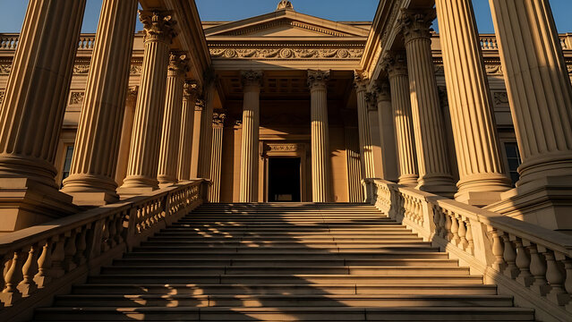 Regal classical building entrance with imposing fluted columns and majestic stone staircase bathed in warm golden hour light - Powered by Adobe