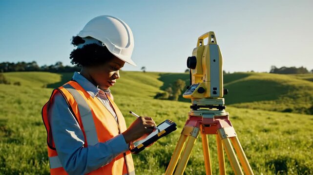 Woman operating survey equipment on sunny green hill with rolling landscape
