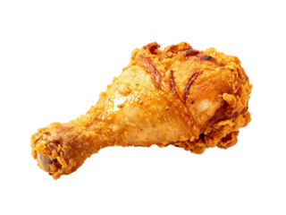 Fried chicken drumstick with golden-brown crispy coating isolated on white background