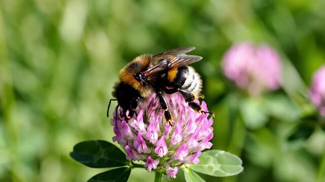 Bumblebee on pink flower in the sunlight pollinating flora close up of insect with yellow and black stripes