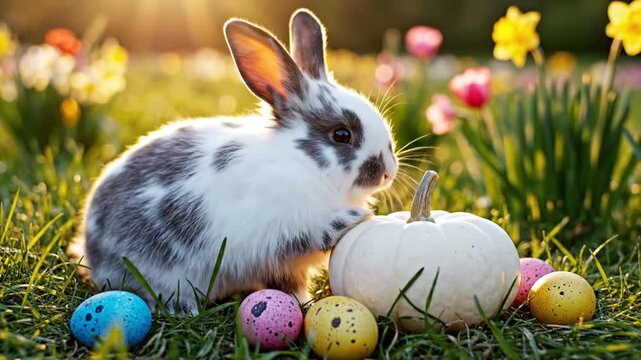 Bunny in a meadow with colorful eggs and a white gourd in a vibrant outdoor setting at daylight