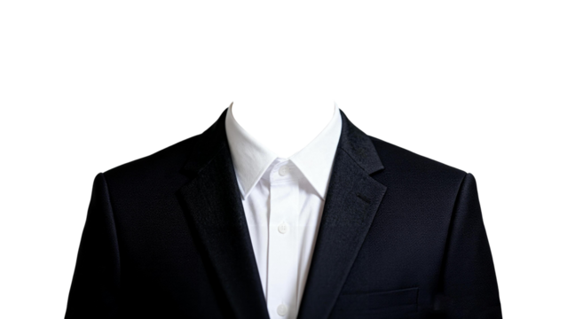 Black suit jacket and white dress shirt on a mannequin torso against a white background