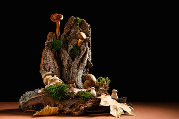 Tree bark with moss, dried leaves and fresh mushrooms on brown background, closeup