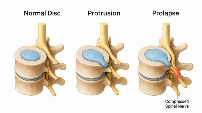 Difference between Bulging Disc and Herniated Disc. Stages of Spinal Disc extrusion. Graphic illustration
