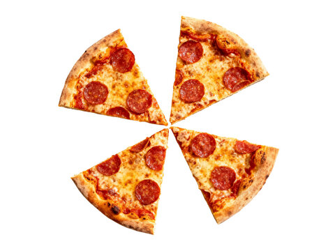 Four slices of pepperoni pizza arranged in a circular pattern on a white background