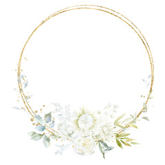 Watercolor flower wreath with gold circle frame.
