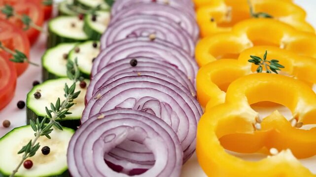 Fresh sliced vegetables arrangement with herbs and spices for healthy cooking