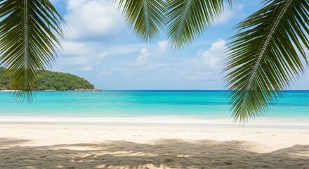 Obraz premium Tropical beach with white sand and clear blue ocean water framed by green palm leaves on a bright sunny day