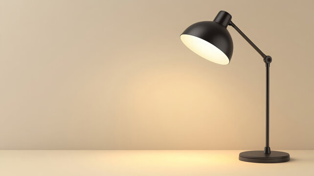 Modern black desk lamp with clean lines on beige background, illuminated and minimalistic style