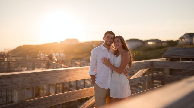 Couple enjoying sunset on wooden pier at beach during warm evening - Powered by Adobe