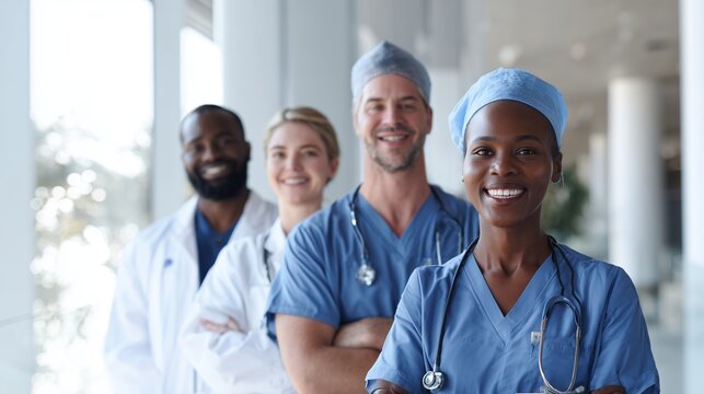 Group of healthcare professionals smiling at the hospital corridor during the day - Powered by Adobe