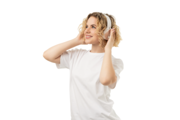 Smiling woman with headphones on, isolated on white, PNG