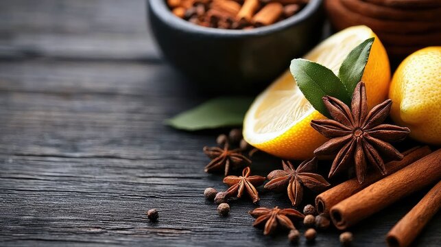 Close-up of various spices and citrus fruits, including star anise, cinnamon sticks, lemons, and peppercorns, arranged on a rustic wooden table. - Powered by Adobe