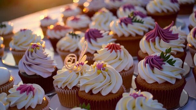 Colorful cupcakes sit beautifully arranged on a table, each topped with swirls of creamy frosting in various hues. The sun sets behind them, adding a warm glow to the delightful tr