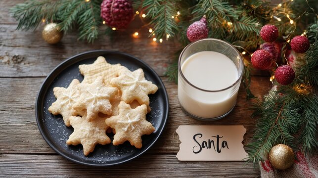Festive christmas cookies and milk for santa on rustic wooden table with holiday decor