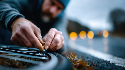 Hands repairing bicycle tire valve on roadside