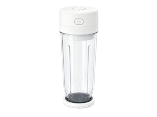 Transparent portable blender with white lid and base, featuring a power button and mesh filter at the bottom