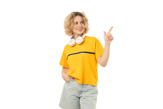 Happy woman in trendy clothes and headphones, isolated on white, PNG - Powered by Adobe