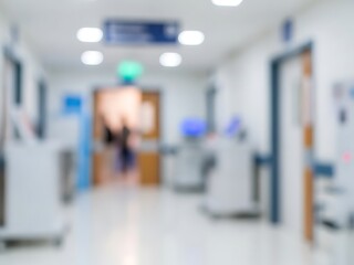 Blurred hospital hallway background with bright overhead lights and blue signage, creating a medical abstract bokeh effect
