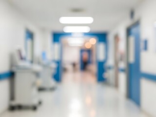 Blurred hospital hallway background with bright overhead lights and blue signage, creating a medical abstract bokeh effect