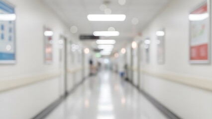 Blurred hospital hallway background with bright overhead lights and blue signage, creating a medical abstract bokeh effect