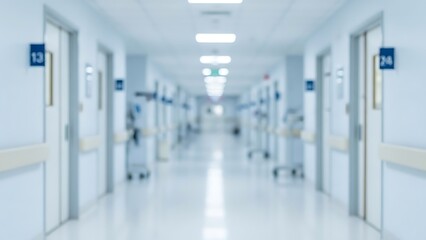 Blurred hospital hallway background with bright overhead lights and blue signage, creating a medical abstract bokeh effect