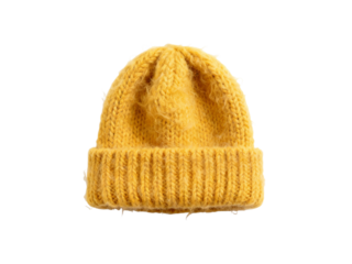 Yellow knitted beanie hat with ribbed brim on white background