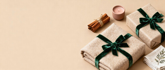 Aromatic Holiday Flat Lay with Woolen Gifts and Cinnamon