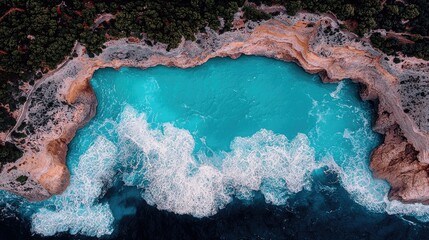 An aerial view showcases a stunning turquoise body of water meeting a rugged coastline, with foamy white waves and lush green vegetation. The scene is bathed in