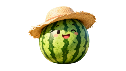 A cartoon watermelon with a straw hat and a cheerful expression