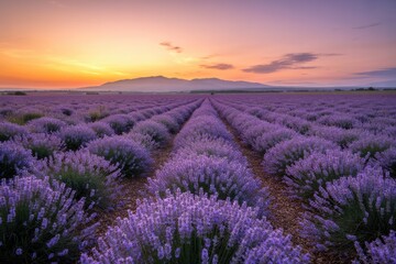 Obraz premium Lavender field at sunset with mountains