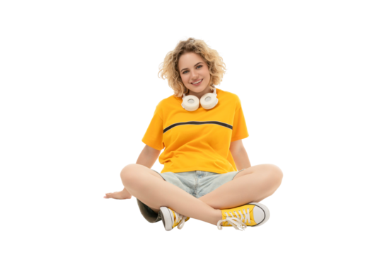 Woman in casual wear with headphones seated, isolated on white, PNG