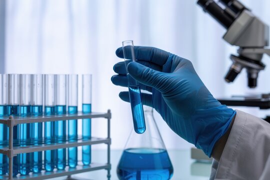 Scientist in blue gloves holding a test tube with blue liquid in a laboratory