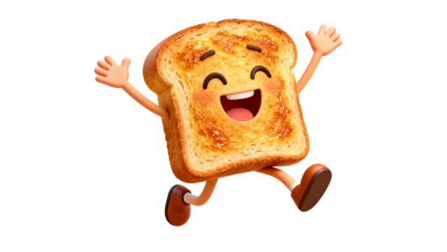 A cheerful animated slice of toast with arms and legs, jumping happily against a white background.