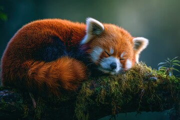 Vibrant Red Panda Asleep on Mossy Branch Peaceful Wildlife Nap.