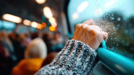 Winter metro journey highlighting knitted glove hands holding onto train handle