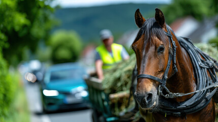 Horse-drawn cart on rural road sharing lane with car in country setting