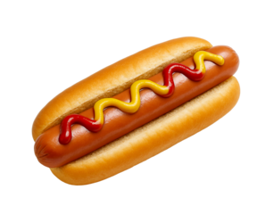 Classic grilled hot dog with ketchup and mustard on a bun