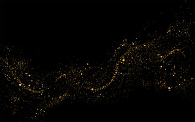 Isolated design component, exquisite golden wave of shiny tinsel on black background.