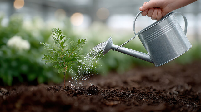 Child watering young sapling inside greenhouse with watering can in warm environment