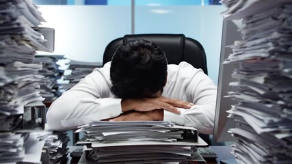 Businessman overwhelmed by paperwork documents in office setting business concept