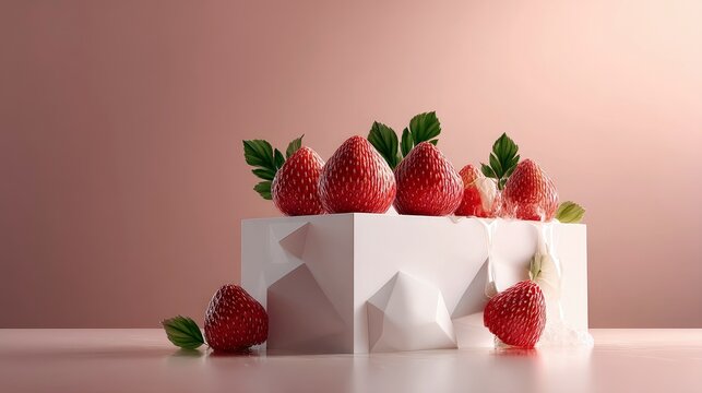 Close-up of fresh red strawberries artfully arranged on a white geometric block, with green leaves and a creamy drip, set against a soft pink background.