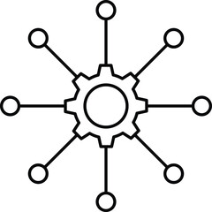 Black outline gear with radiating circles and connecting lines cogwheel connection